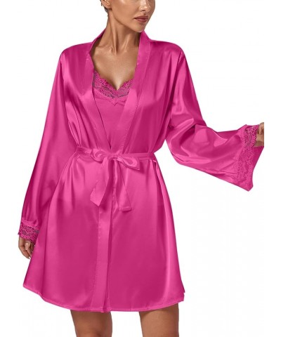 Women's 3pcs Sleepwear Silk Satin V Neck Lace Trim Cami Top and Shorts Pajama Set with Robe Dark Rose $14.96 Sleep & Lounge