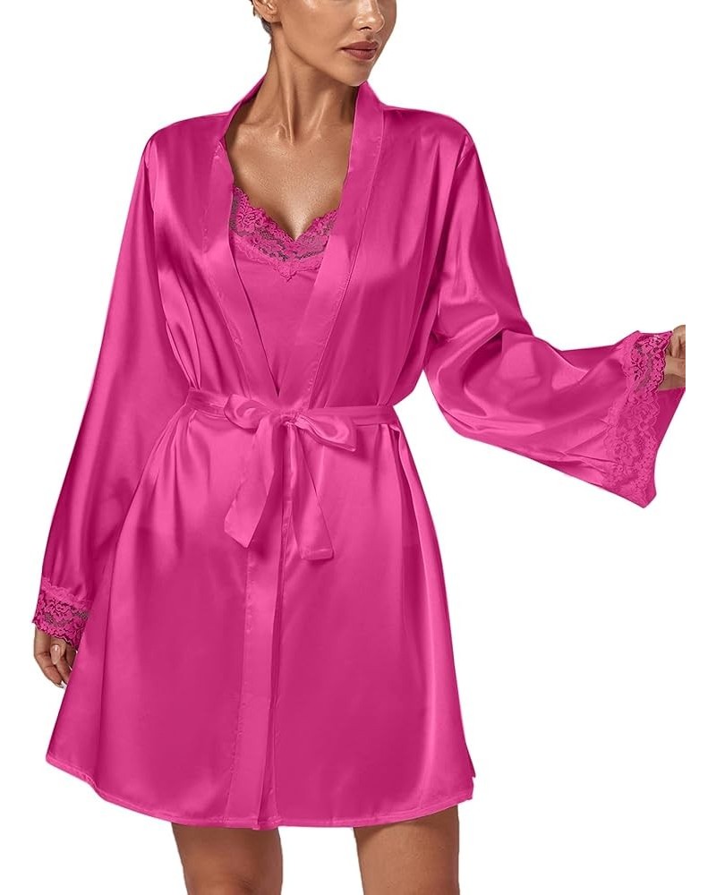 Women's 3pcs Sleepwear Silk Satin V Neck Lace Trim Cami Top and Shorts Pajama Set with Robe Dark Rose $14.96 Sleep & Lounge