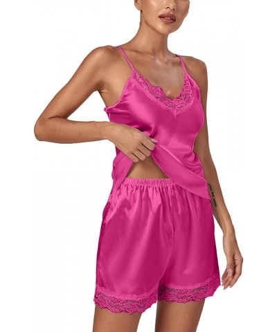 Women's 3pcs Sleepwear Silk Satin V Neck Lace Trim Cami Top and Shorts Pajama Set with Robe Dark Rose $14.96 Sleep & Lounge