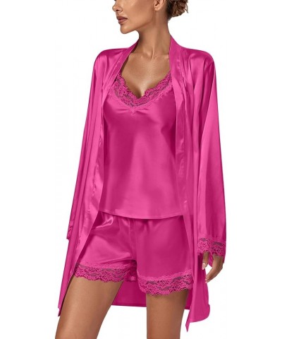 Women's 3pcs Sleepwear Silk Satin V Neck Lace Trim Cami Top and Shorts Pajama Set with Robe Dark Rose $14.96 Sleep & Lounge