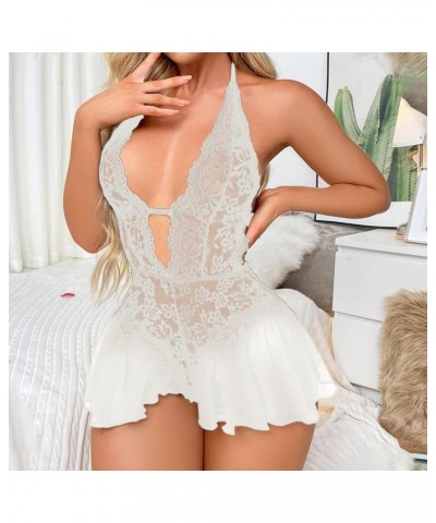 Lingerie for Women Sexy Lace Mesh Floral Snap Crotch Teddy Chemise Nightie Babydoll Nightgown Negligees Sleepwear Z9-white $8...