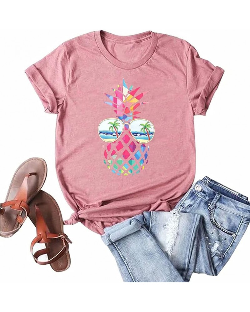 Women Pineapple Sunglasses Beach Shirts Summer Hawaiian Graphic Tee Tops Casual Short Sleeve Vacation T Shirt Blouse Pink $13...