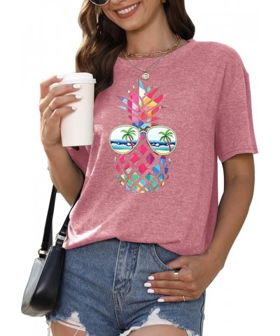 Women Pineapple Sunglasses Beach Shirts Summer Hawaiian Graphic Tee Tops Casual Short Sleeve Vacation T Shirt Blouse Pink $13...