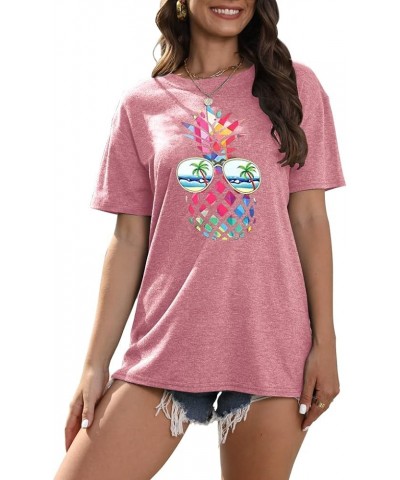 Women Pineapple Sunglasses Beach Shirts Summer Hawaiian Graphic Tee Tops Casual Short Sleeve Vacation T Shirt Blouse Pink $13...