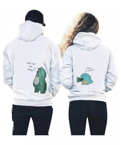 Cute Dinosaur Couple Hoodie Funny Matching Couple Sweatshirt Valentine's Day Outfit for Him & Her King Queen Pollover White-w...