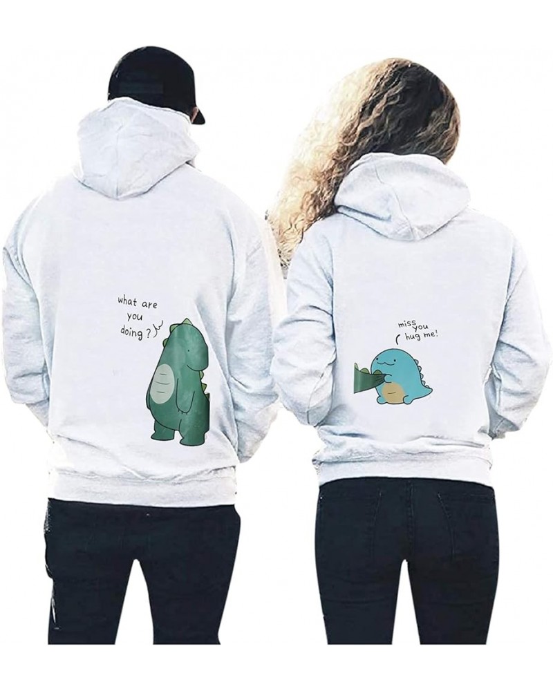 Cute Dinosaur Couple Hoodie Funny Matching Couple Sweatshirt Valentine's Day Outfit for Him & Her King Queen Pollover White-w...