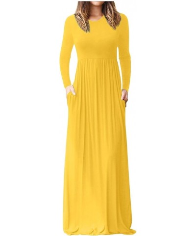 Womens Long Sleeve Loose Plain Maxi Dresses Floral Empire Waist Fall Casual Long Dresses with Pockets B-yellow $7.21 Dresses