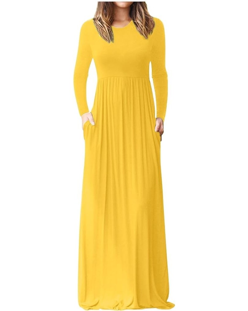 Womens Long Sleeve Loose Plain Maxi Dresses Floral Empire Waist Fall Casual Long Dresses with Pockets B-yellow $7.21 Dresses