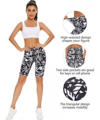 High Waist Out Pocket Yoga Short Tummy Control Workout Running 4 Way Stretch Yoga Leggings Black White Strips $12.68 Activewear