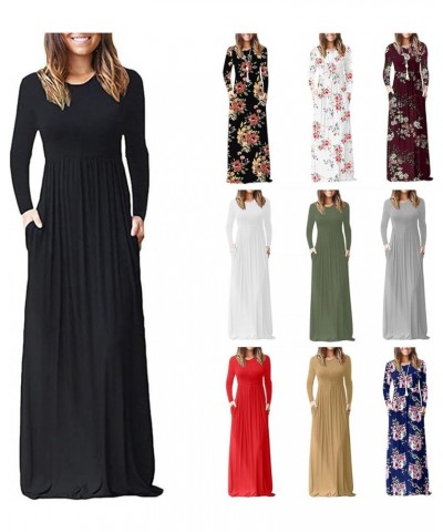 Womens Long Sleeve Loose Plain Maxi Dresses Floral Empire Waist Fall Casual Long Dresses with Pockets B-yellow $7.21 Dresses