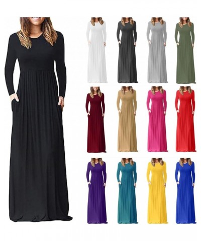 Womens Long Sleeve Loose Plain Maxi Dresses Floral Empire Waist Fall Casual Long Dresses with Pockets B-yellow $7.21 Dresses