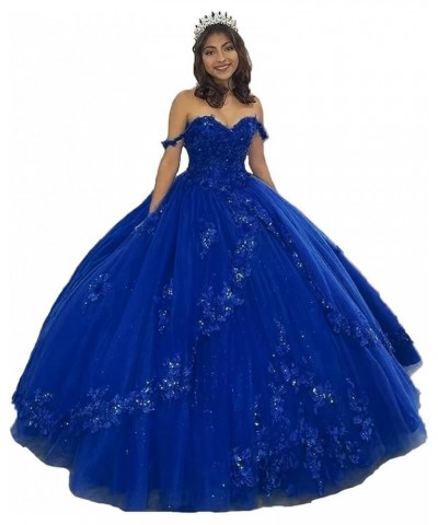 Woman's Off Shoulder Quinceanera Dress 3D Flower Applique Sweet 16 Ball Gowns Glitter Tulle Princess Prom Dress Royal Blue $6...