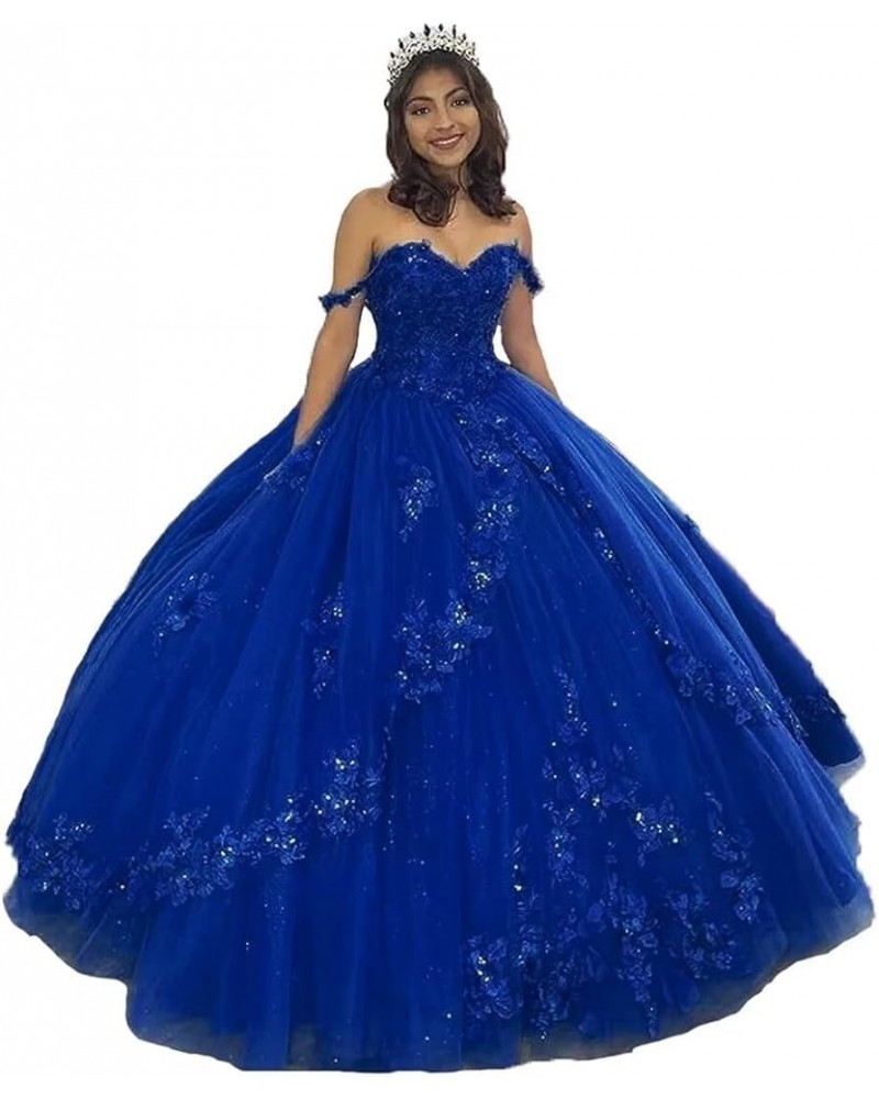 Woman's Off Shoulder Quinceanera Dress 3D Flower Applique Sweet 16 Ball Gowns Glitter Tulle Princess Prom Dress Royal Blue $6...