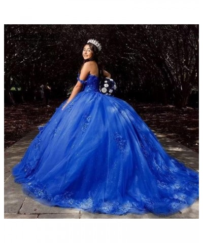 Woman's Off Shoulder Quinceanera Dress 3D Flower Applique Sweet 16 Ball Gowns Glitter Tulle Princess Prom Dress Royal Blue $6...