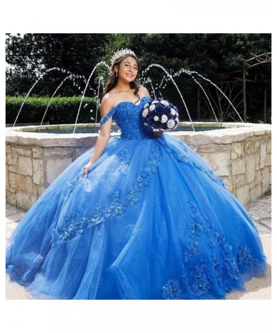 Woman's Off Shoulder Quinceanera Dress 3D Flower Applique Sweet 16 Ball Gowns Glitter Tulle Princess Prom Dress Royal Blue $6...