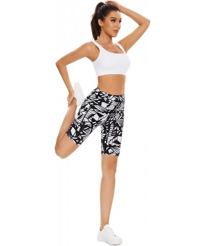 High Waist Out Pocket Yoga Short Tummy Control Workout Running 4 Way Stretch Yoga Leggings Black White Strips $12.68 Activewear