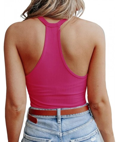 Women's Halter Ribbed Knit Form Fit Tank Tops Sleeveless Basic Cami Shirts Hot Pink $13.24 Tanks