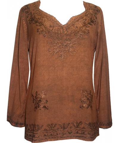 Women's Long Sleeve Embroidered Casual Relax Medieval Boho Vintage Rayon Tunic Kurta Blouse Rust $21.58 Blouses