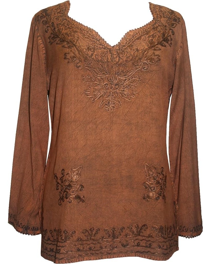 Women's Long Sleeve Embroidered Casual Relax Medieval Boho Vintage Rayon Tunic Kurta Blouse Rust $21.58 Blouses