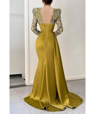 Long Sleeve Sequin Prom Dresses for Women Slit 2024 Sparkly V Neck Mermaid Satin Formal Evening Gowns Z-green $33.00 Dresses