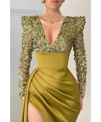 Long Sleeve Sequin Prom Dresses for Women Slit 2024 Sparkly V Neck Mermaid Satin Formal Evening Gowns Z-green $33.00 Dresses