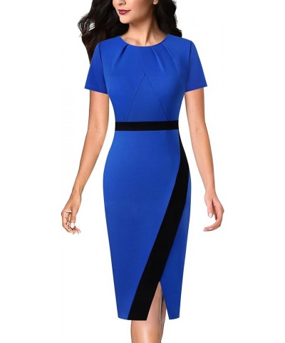 Womens Pleated Crew Neck Patchwork Work Business Office Bodycon Pencil Dress Royal Blue and Black-2 $20.24 Dresses