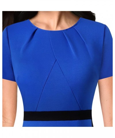 Womens Pleated Crew Neck Patchwork Work Business Office Bodycon Pencil Dress Royal Blue and Black-2 $20.24 Dresses