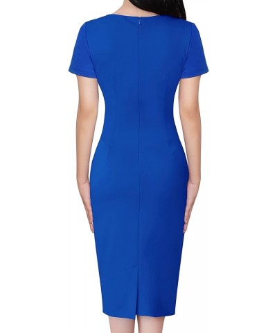 Womens Pleated Crew Neck Patchwork Work Business Office Bodycon Pencil Dress Royal Blue and Black-2 $20.24 Dresses