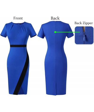 Womens Pleated Crew Neck Patchwork Work Business Office Bodycon Pencil Dress Royal Blue and Black-2 $20.24 Dresses