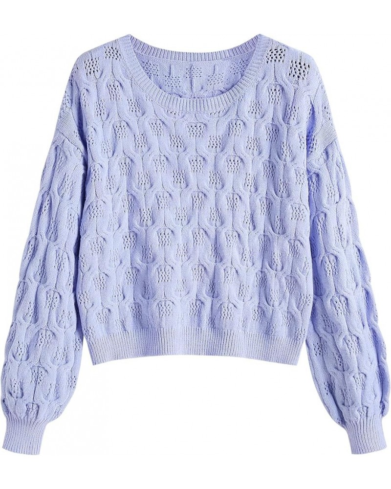 Women's Pullover Sweater Crochet Cable Knit Cropped Sweaters 2023 Fall Long Sleeve Hollow Out Casual Cute Jumper Tops Purple ...