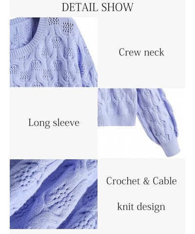 Women's Pullover Sweater Crochet Cable Knit Cropped Sweaters 2023 Fall Long Sleeve Hollow Out Casual Cute Jumper Tops Purple ...