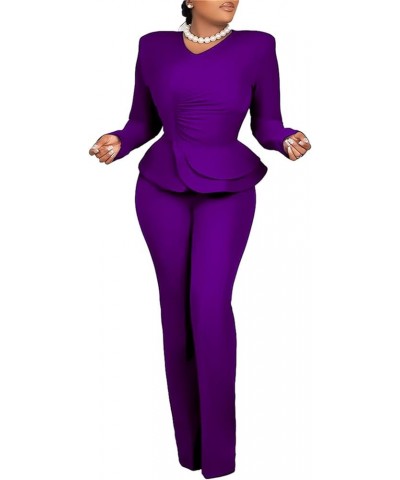 Women's Business Pants Set Cinched Waist Ruched Ruffled Peplum Layers Pant Suit Business Office Lady Suits Sets Purple $27.30...