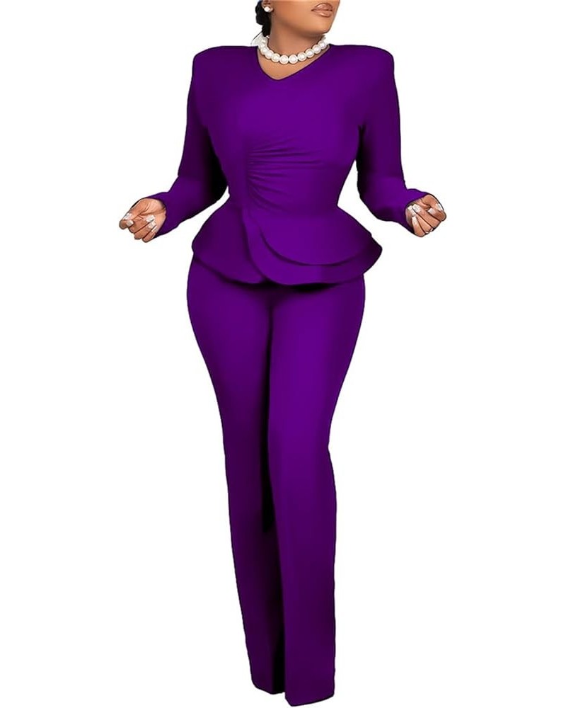 Women's Business Pants Set Cinched Waist Ruched Ruffled Peplum Layers Pant Suit Business Office Lady Suits Sets Purple $27.30...