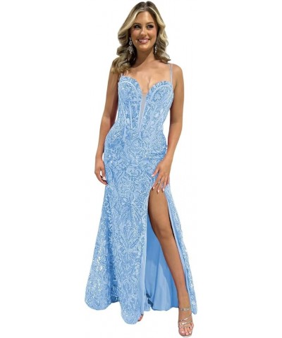 Women's Lace Prom Dresses with Slit Spaghetti Straps Long Applique Tulle Sweetheart Formal Evening Gowns DE53 Sky Blue $26.65...