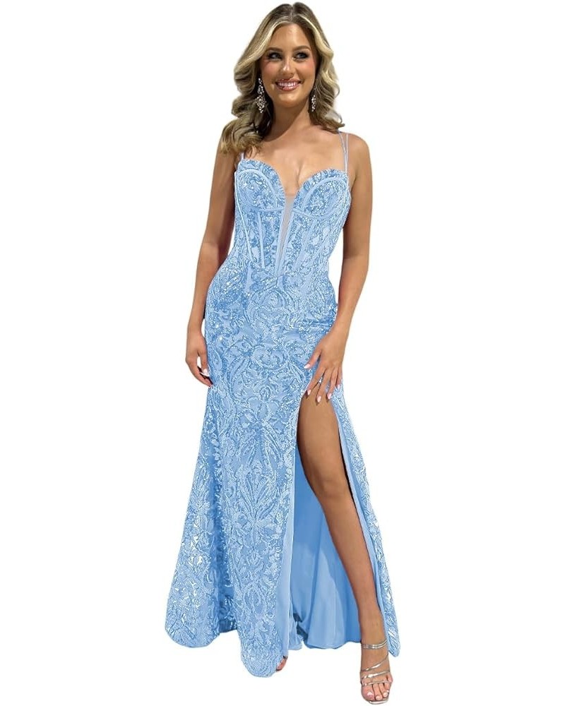 Women's Lace Prom Dresses with Slit Spaghetti Straps Long Applique Tulle Sweetheart Formal Evening Gowns DE53 Sky Blue $26.65...