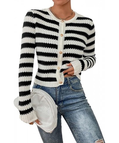 Women's Striped Button Front Crewneck Long Sleeve Crop Knit Cardigan Black and White $15.75 Sweaters