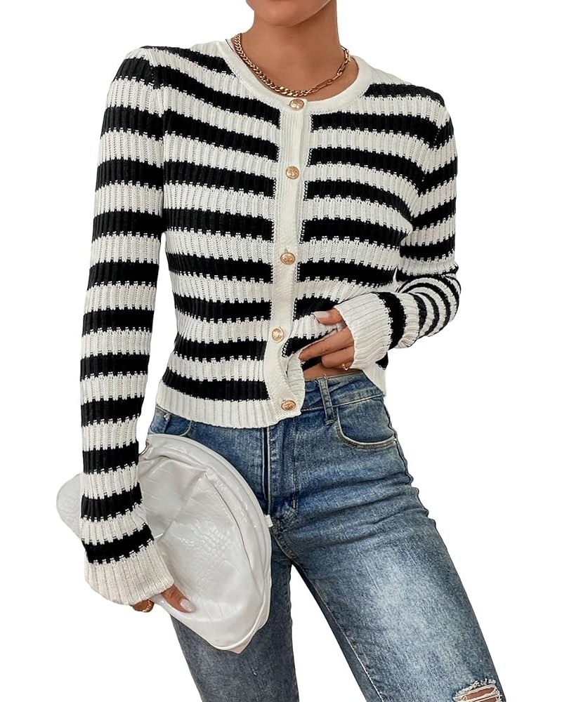 Women's Striped Button Front Crewneck Long Sleeve Crop Knit Cardigan Black and White $15.75 Sweaters