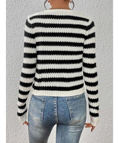 Women's Striped Button Front Crewneck Long Sleeve Crop Knit Cardigan Black and White $15.75 Sweaters