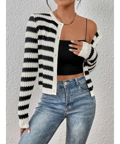 Women's Striped Button Front Crewneck Long Sleeve Crop Knit Cardigan Black and White $15.75 Sweaters