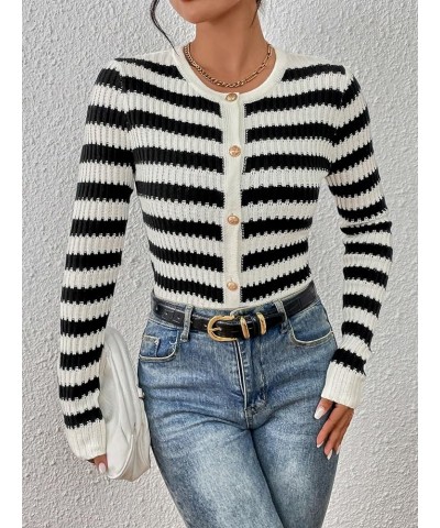 Women's Striped Button Front Crewneck Long Sleeve Crop Knit Cardigan Black and White $15.75 Sweaters