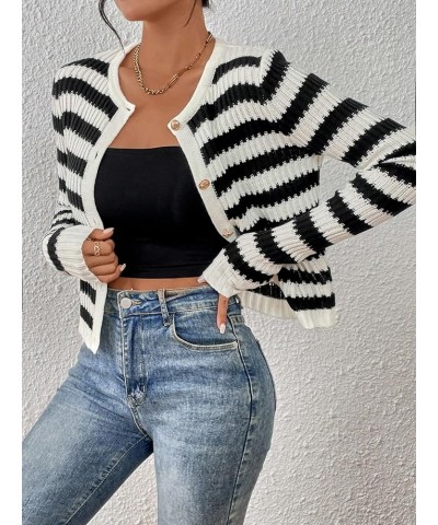 Women's Striped Button Front Crewneck Long Sleeve Crop Knit Cardigan Black and White $15.75 Sweaters