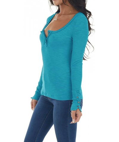 Women's Sexy V-Neck Cold Shoulder Tops Blouse Lace-Up Ribbed Shirts Button Blue $8.54 Tops