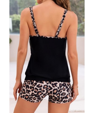 Tankini Bathing Suits for Women Tummy Control Two Piece Swimsuits Blouson Floral Print Swim Tank Top with Boy Shorts Black Le...