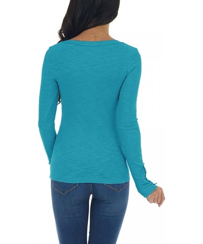 Women's Sexy V-Neck Cold Shoulder Tops Blouse Lace-Up Ribbed Shirts Button Blue $8.54 Tops