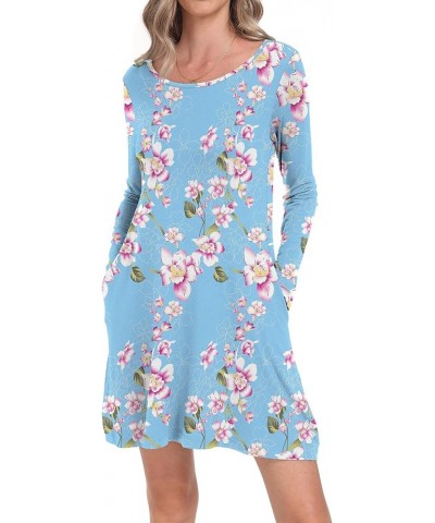 Women's Long Sleeve Pockets Casual Loose T-Shirt Dresses L-floral Light Blue $17.67 Dresses