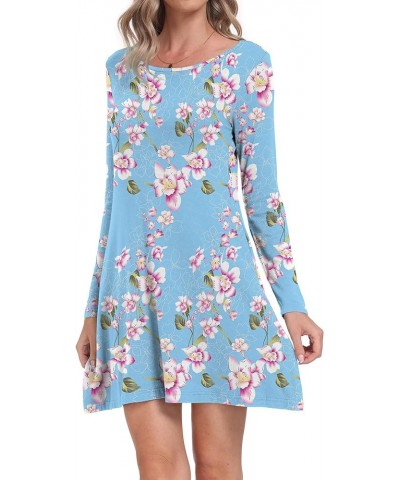 Women's Long Sleeve Pockets Casual Loose T-Shirt Dresses L-floral Light Blue $17.67 Dresses