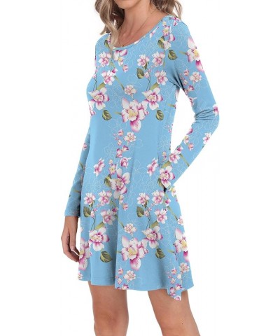 Women's Long Sleeve Pockets Casual Loose T-Shirt Dresses L-floral Light Blue $17.67 Dresses