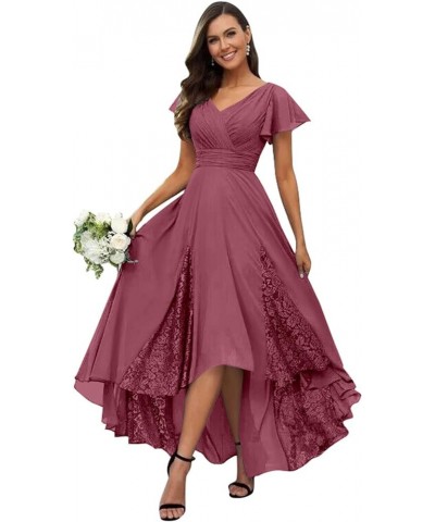 Tea Length Mother of The Bride Dresses for Wedding 2024 Lace Ruffle Sleeves Chiffon Bridesmaid Evening Gown Desert Rose $45.0...