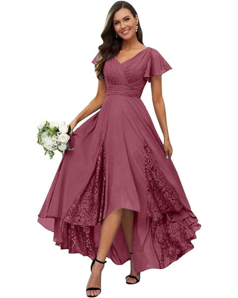 Tea Length Mother of The Bride Dresses for Wedding 2024 Lace Ruffle Sleeves Chiffon Bridesmaid Evening Gown Desert Rose $45.0...