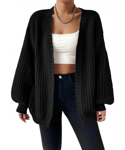 Women's Casual Open Front Lantern Long Sleeve Chunky Knit Cardigan Sweaters Black $18.61 Sweaters